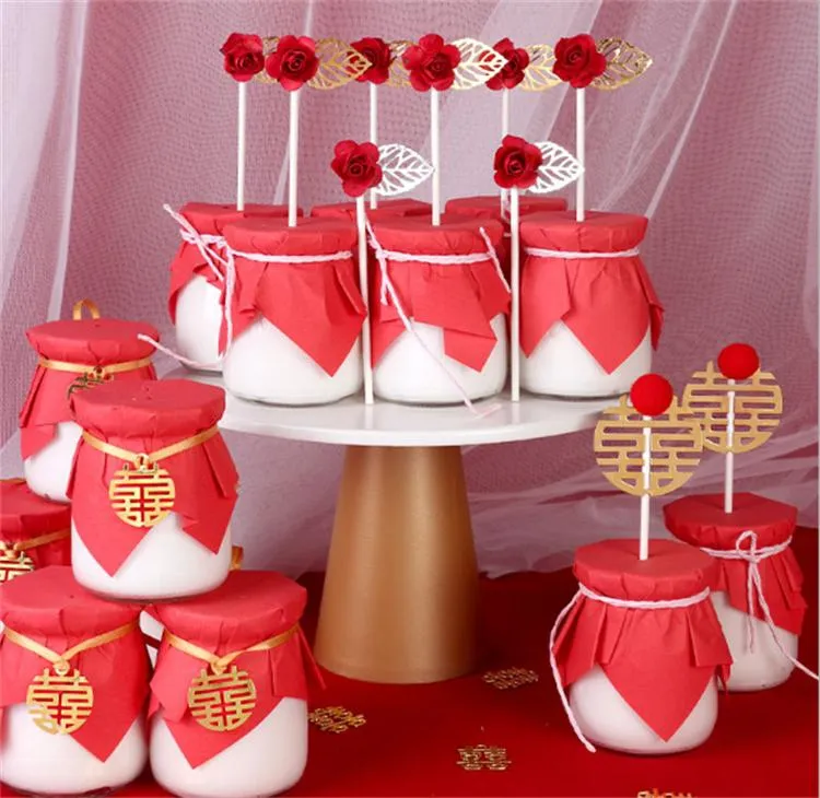Red Double Wedding Dessert Table Decoration Card Cake Insert
