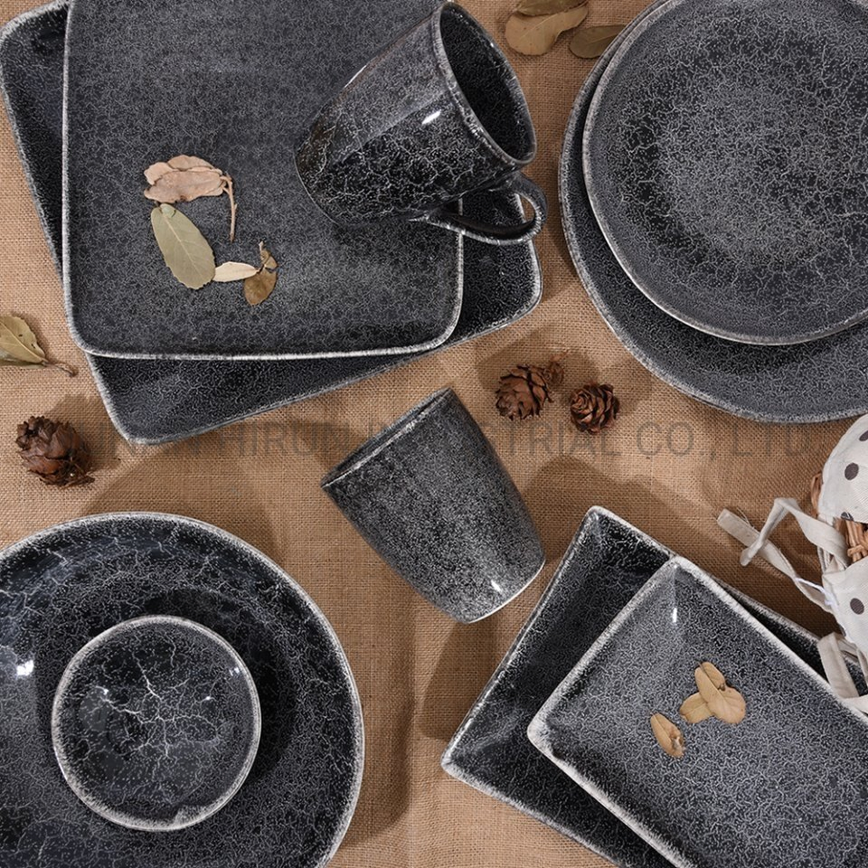 Stoneware Dinner Set in Reactive Glaze with Natural Stone Pattern