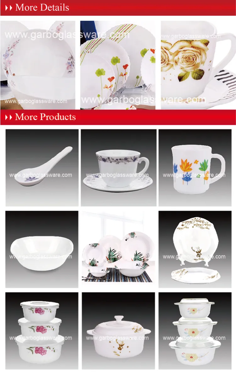 Wholesale Home Hotel Use OEM White Opal Glass Dinnerware Set with Customized Decal Designs