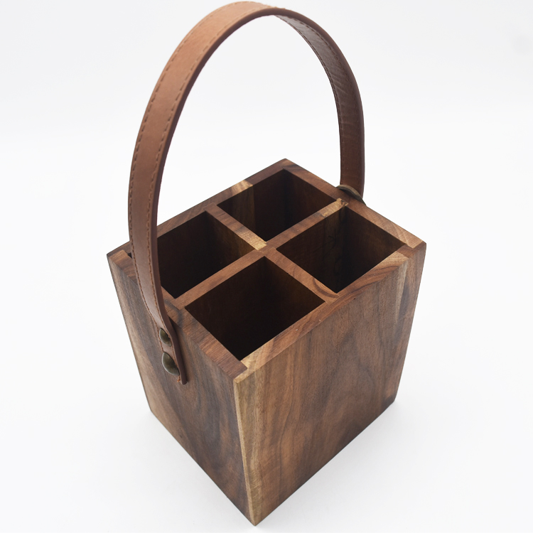 Wood Utensil Holder Kitchen Organizer 4 Sections Store Forks Serving Spoons Knives with Handle