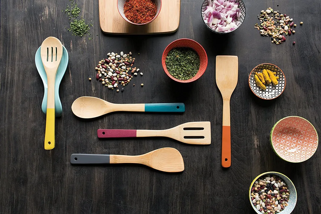Wooden Kitchen Accessories Set Utensil 6 Piece Bamboo Cooking Utensils with Holder